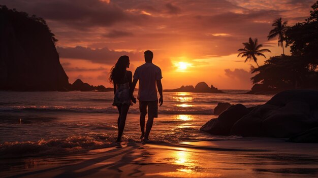 Silhouette d'un couple romantique appréciant le coucher de soleil sur la plage