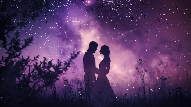 Silhouette d'un couple romantique contre un ciel nocturne violet étoilé dans un champ Concept d'amour cosmique
