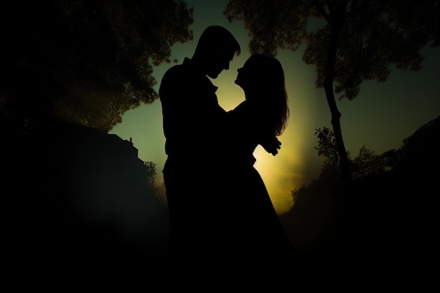 Silhouette d'un couple romantique dansant et s'amusant dans le noir