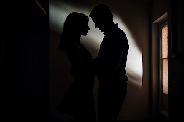 Silhouette d'un couple romantique dansant et s'amusant dans le noir