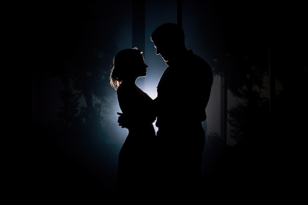 Silhouette d'un couple romantique dansant et s'amusant dans le noir