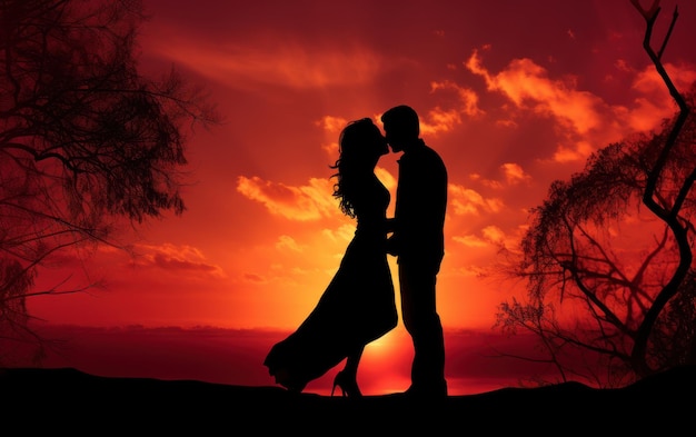 La silhouette d'un couple romantique s'embrassant sur le beau coucher de soleil