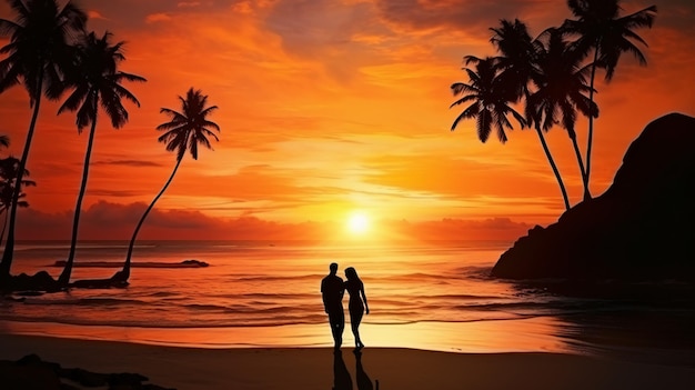 Silhouette de couple romantique sur le tropique de la plage au coucher du soleil
