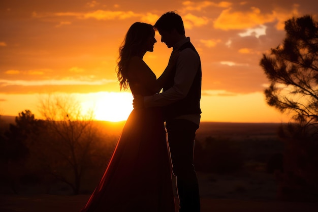 Une silhouette d'un couple s'embrassant dans le contexte d'un magnifique coucher de soleil