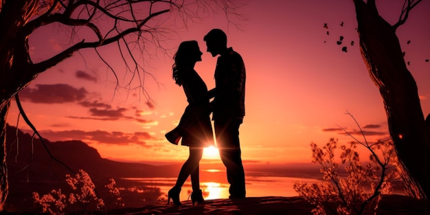 Photo une silhouette d'un couple s'embrassant sur le fond d'un magnifique coucher de soleil