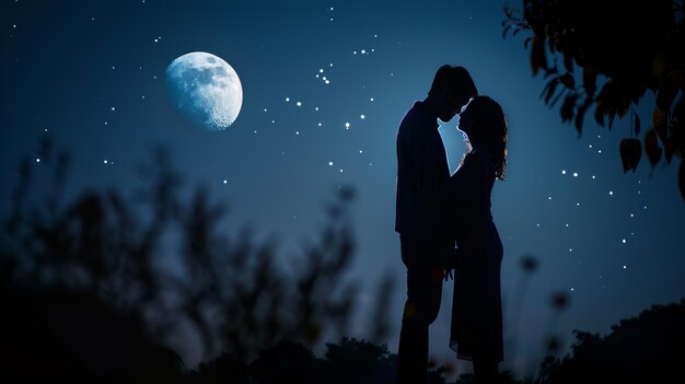 Une silhouette de couple s'embrassant sous la lune