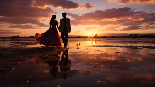 Photo silhouette d'un couple se tenant par la main au coucher du soleil