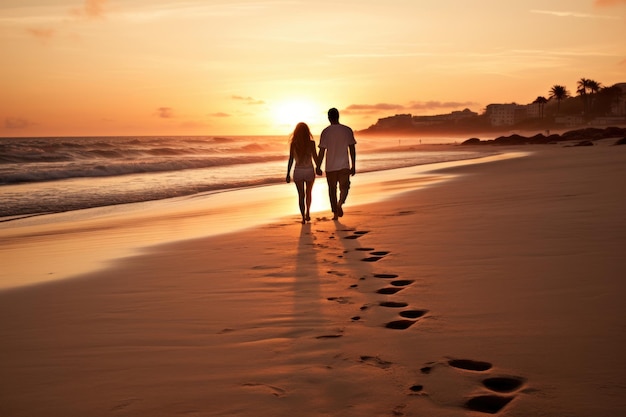 Silhouette d'un couple se tenant par la main sur la plage au coucher du soleil