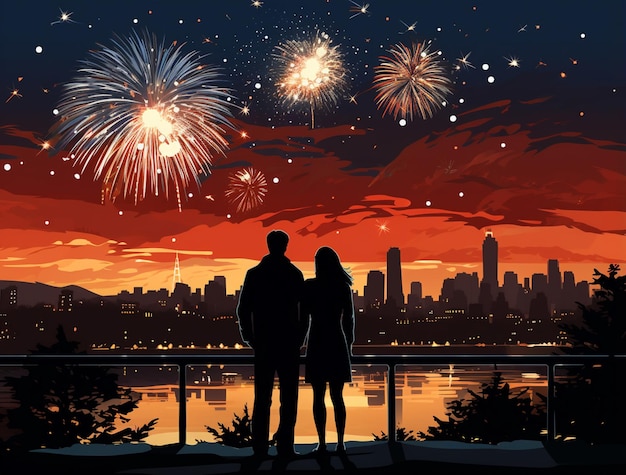 Une silhouette de couple en train de se câliner et de regarder un spectacle de feux d'artifice dans la ville.