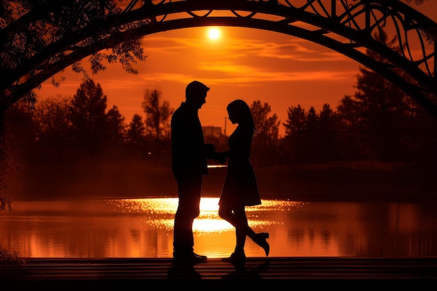 Une silhouette d'un couple sur un vieux pont