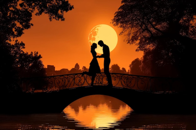 Photo une silhouette d'un couple sur un vieux pont