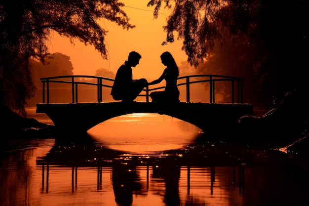 Photo une silhouette d'un couple sur un vieux pont