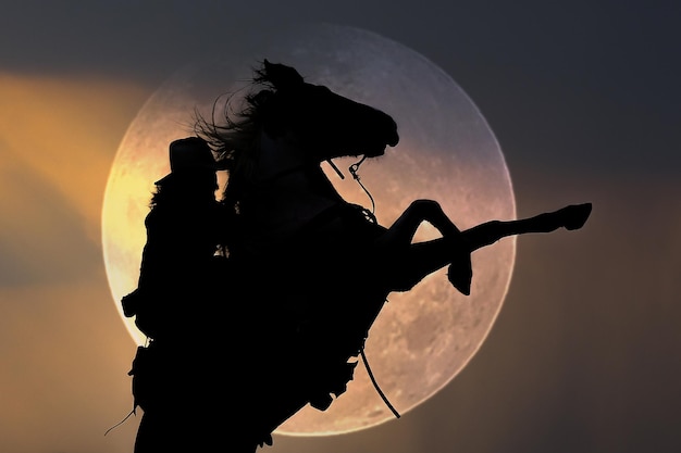 Silhouette d'un cow-boy à cheval contre la lune