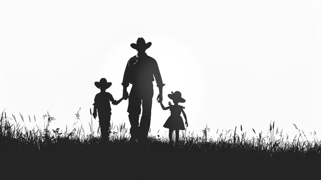 une silhouette d'un cow-boy et d'une fille se tenant par la main et un chapeau de cow-boy