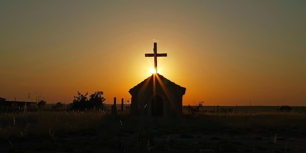 Une silhouette de croix contre le coucher du soleil à l'extérieur d'une église rurale