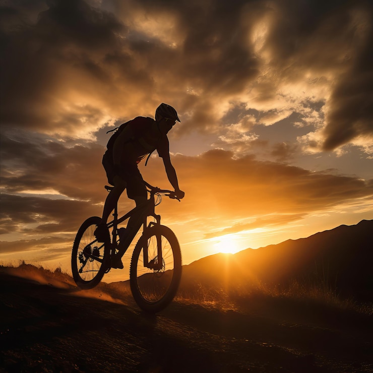 Silhouette d'un cycliste au coucher du soleil Une silhouette de cycliste sur un vélo de montagne