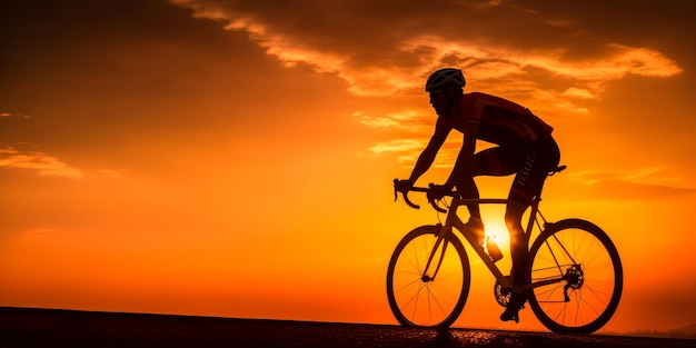 une silhouette de cycliste contre un soleil couchant créée avec la technologie d'IA générative