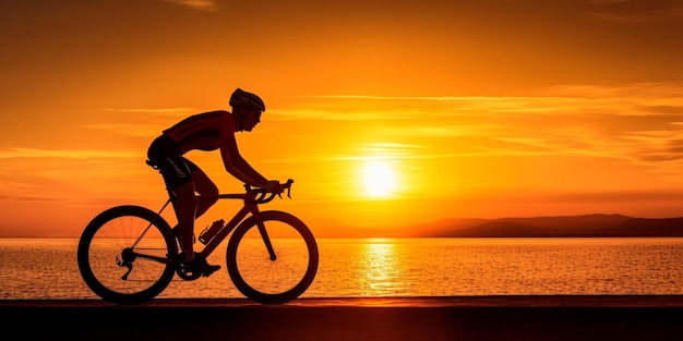 une silhouette de cycliste contre un soleil couchant créée avec la technologie d'IA générative