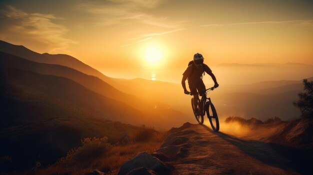 Silhouette d'un cycliste de montagne appréciant la descente au coucher du soleil AI générative