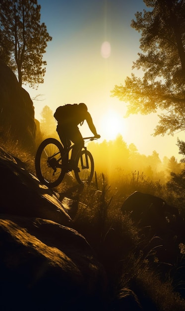 Silhouette d'un cycliste sur le vélo à côté de la colline Vélo de montagne au sous-ensemble Generative AI