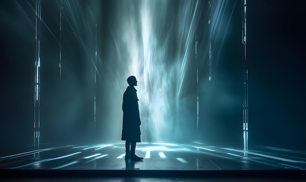 Silhouette dans un éclairage de science-fiction dramatique rappelant le film Blade Runner 2049