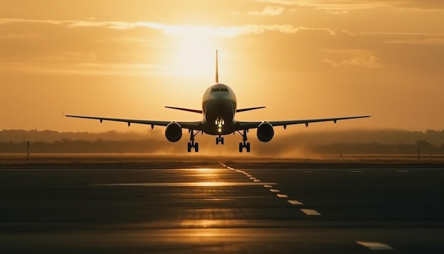 Silhouette décollant du vol au crépuscule de la vue de face généré par l'IA