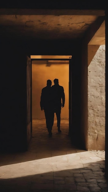 Photo silhouette de deux personnes entrant dans un bâtiment souterrain sombre et ombragé