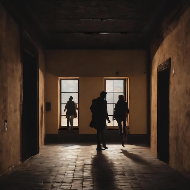 Silhouette de deux personnes entrant dans un bâtiment souterrain sombre et ombragé