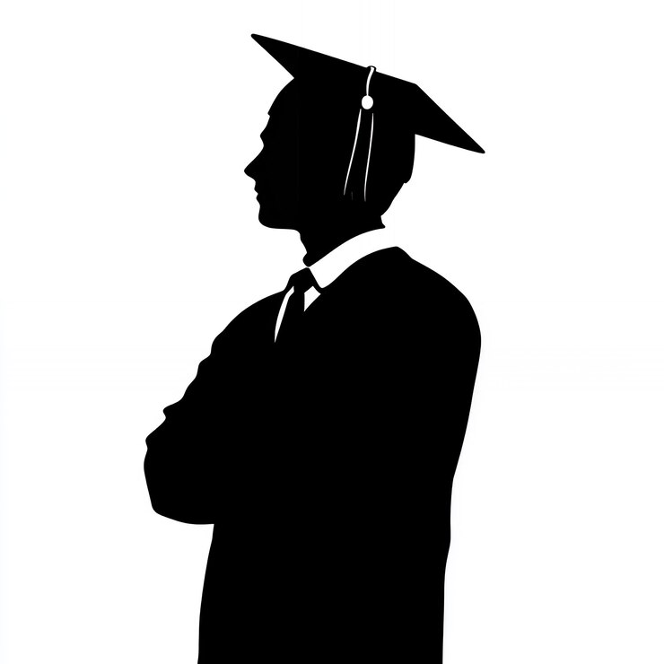 Photo silhouette d'un diplômé en casquette et robe avec les bras croisés