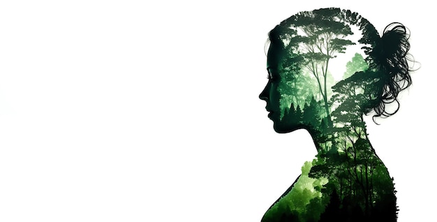 Silhouette avec double exposition tête féminine sur des arbres verts sur fond blanc Concept de protection de la santé mentale de l'environnement