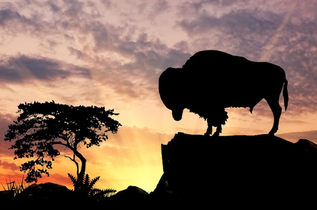 Silhouette du buffle sur la colline au coucher du soleil savane