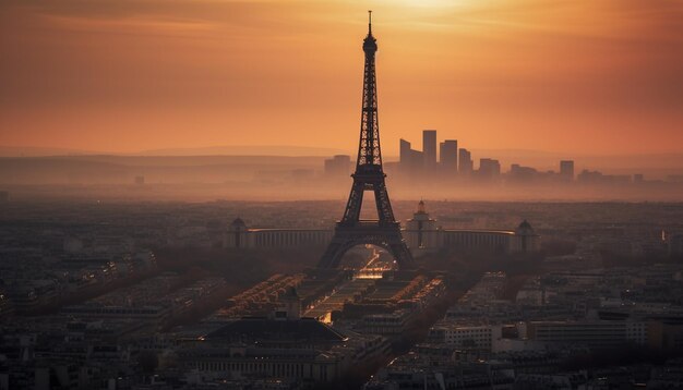 Silhouette du célèbre paysage urbain au crépuscule illuminé généré par l'IA