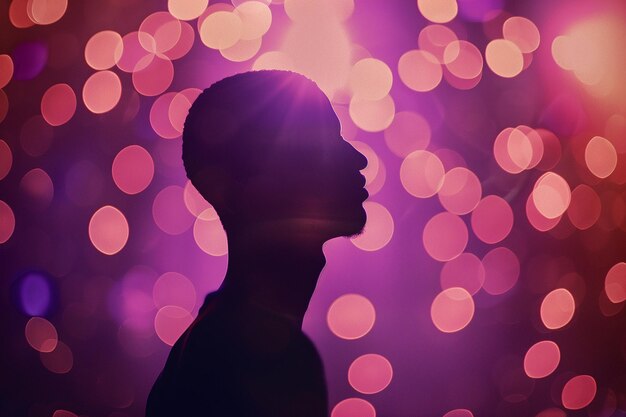 La silhouette du chanteur contre un fond bokeh vibrant Les lumières colorées créent une atmosphère captivante