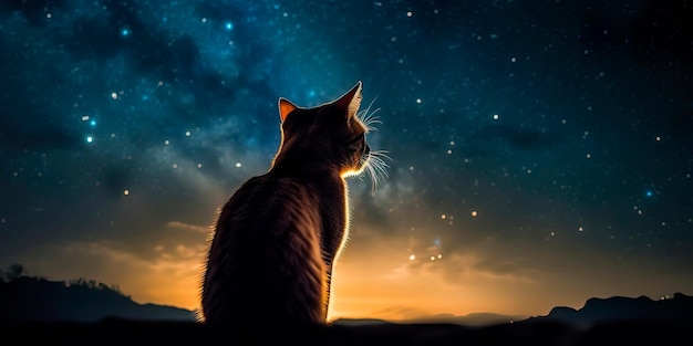 La silhouette du chat sur fond de ciel étoilé mettant en évidence la nature mystérieuse et nocturne des chats lors de la Journée internationale du chat Generative AI