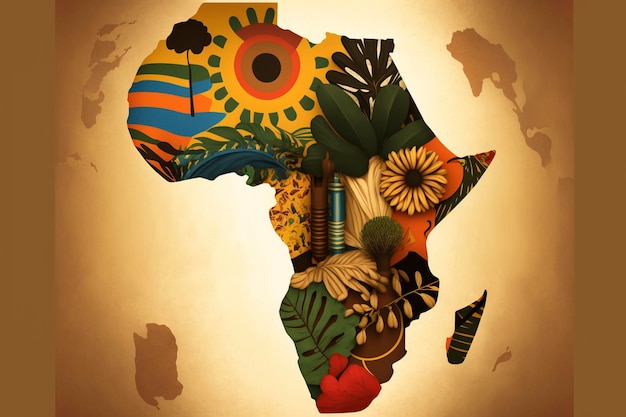 Photo silhouette du continent africain isolée sur fond de papier kraft avec motif boho fond de la journée de l'afrique avec vieux papier coupé génératif ai