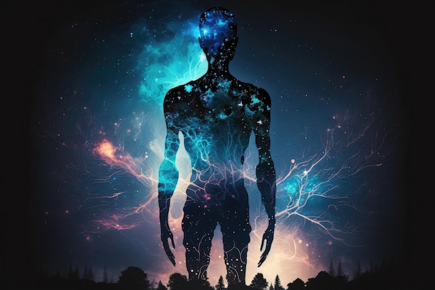 Silhouette du corps avec l'espace et la galaxie fond voie lactée vie spirituelle et croyance Fabriqué par AI Intelligence artificielle