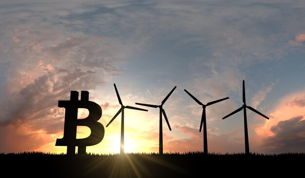 Silhouette du logo de crypto-monnaie Bitcoin avec éoliennes durables. Rendu 3D.