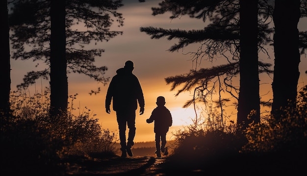 Silhouette du père et du fils dans le contexte de la nature au coucher du soleil