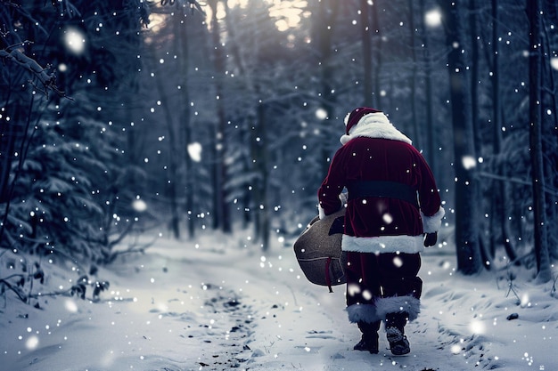 Une silhouette du Père Noël marchant à travers une forêt enneigée portant un grand sac de cadeaux