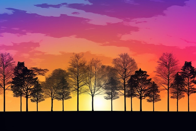 La silhouette éclairée par le soleil des arbres contre un coucher de soleil coloré