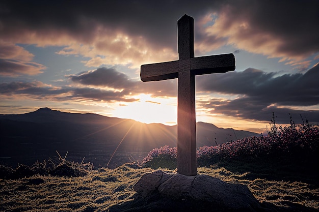 Photo silhouette d'une église en croix au sommet d'une montagne de colline ia générative