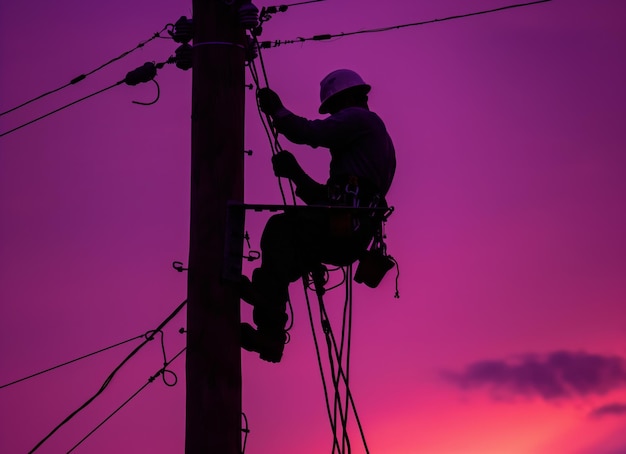 Photo silhouette d'un électricien travaillant sur un poteau au crépuscule