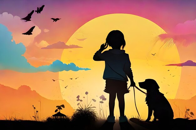 Silhouette d'un enfant avec un chien