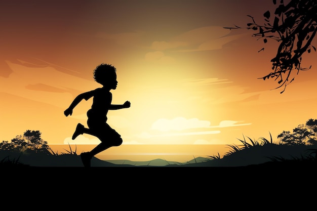 Une silhouette d'un enfant courant au coucher du soleil
