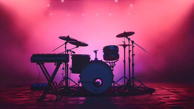 Silhouette d'un ensemble de tambours sur scène sous des lumières violettes Atmosphère de concert de musique capturée dans une photo Idéal pour les thèmes d'événements AI