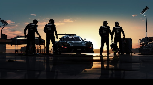 Silhouette de l'équipage de pit avec photographie de course de voitures de course