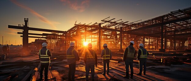 silhouette d'une équipe de construction et d'ingénieurs travaillant à côté d'un bâtiment industriel