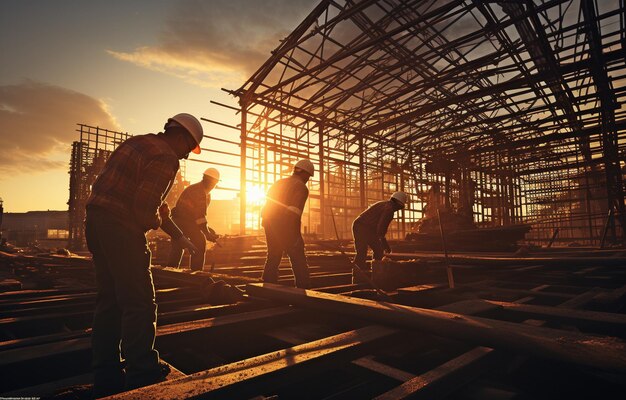 silhouette d'une équipe de construction et d'ingénieurs travaillant à côté d'un bâtiment industriel