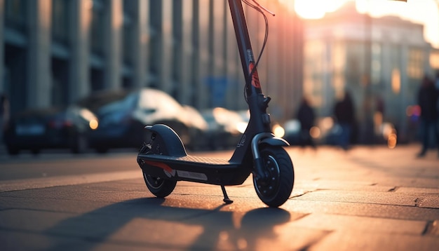 Silhouette équitation scooter dans un paysage urbain rétroéclairé généré par l'IA