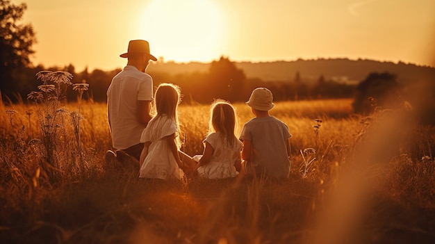 Silhouette de famille au coucher du soleil Concept de bonne fête des pères ai générative